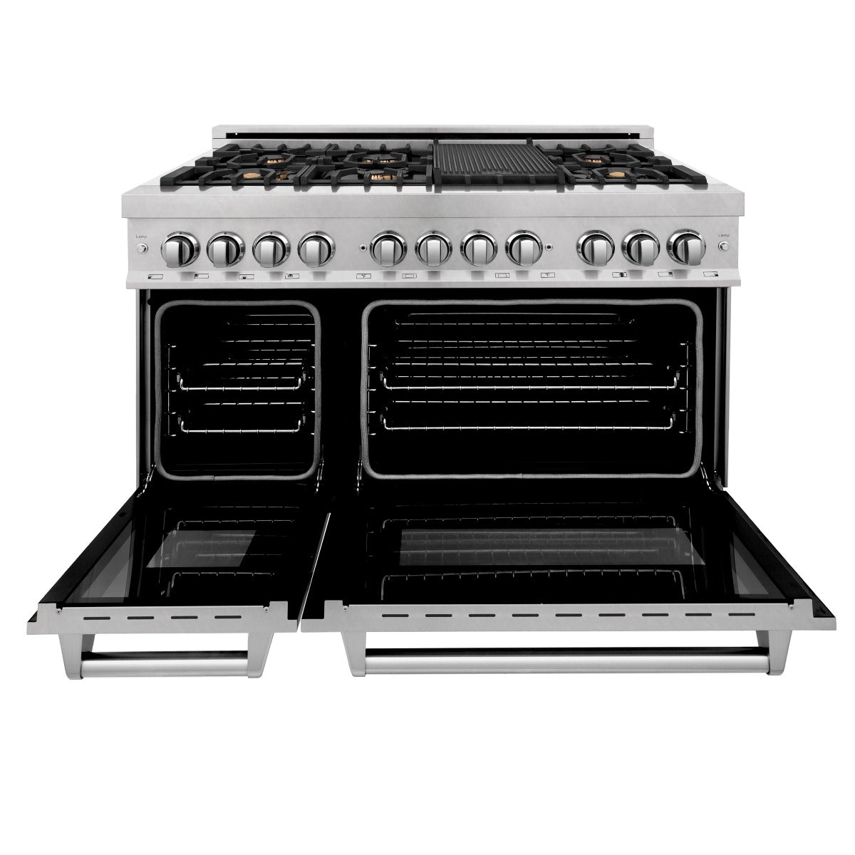 ZLINE 48 in Dual Fuel Range with 6 Sealed Brass Burners, Double Electric Convection Ovens, Satin Stainless Steel Door, 6.0 cu. ft. Total Capacity (RAS-SN-BR-48)
