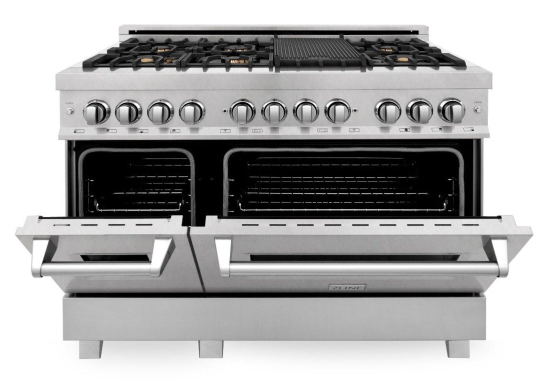 ZLINE 48 in Dual Fuel Range with 6 Sealed Brass Burners, Double Electric Convection Ovens, Satin Stainless Steel Door, 6.0 cu. ft. Total Capacity (RAS-SN-BR-48)