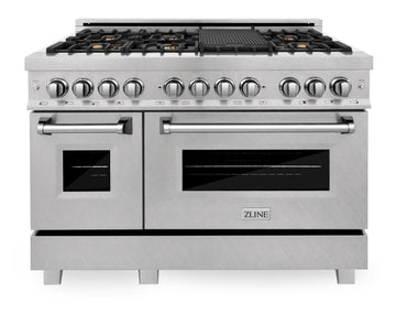 ZLINE 48 in Dual Fuel Range with 6 Sealed Brass Burners, Double Electric Convection Ovens, Satin Stainless Steel Door, 6.0 cu. ft. Total Capacity (RAS-SN-BR-48)