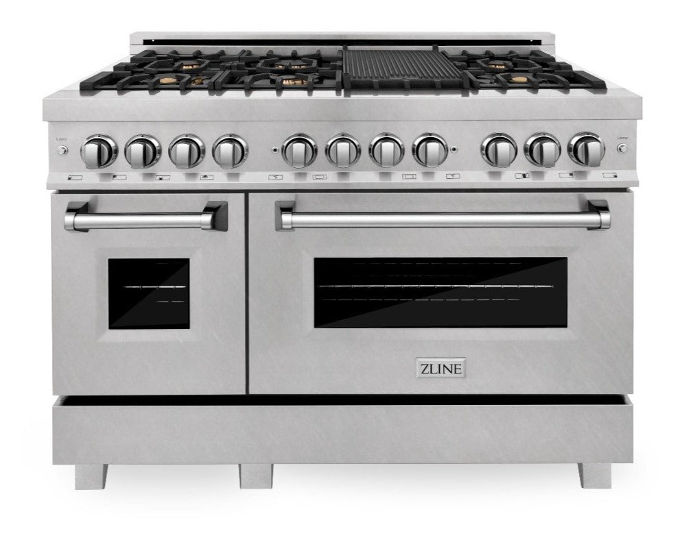 ZLINE 48 in Dual Fuel Range with 6 Sealed Brass Burners, Double Electric Convection Ovens, Satin Stainless Steel Door, 6.0 cu. ft. Total Capacity (RAS-SN-BR-48)