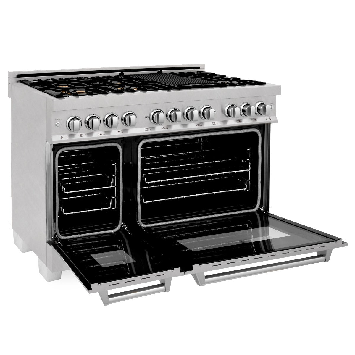ZLINE 48 in Dual Fuel Range with 6 Sealed Brass Burners, Double Electric Convection Ovens, Satin Stainless Steel Door, 6.0 cu. ft. Total Capacity (RAS-SN-BR-48)