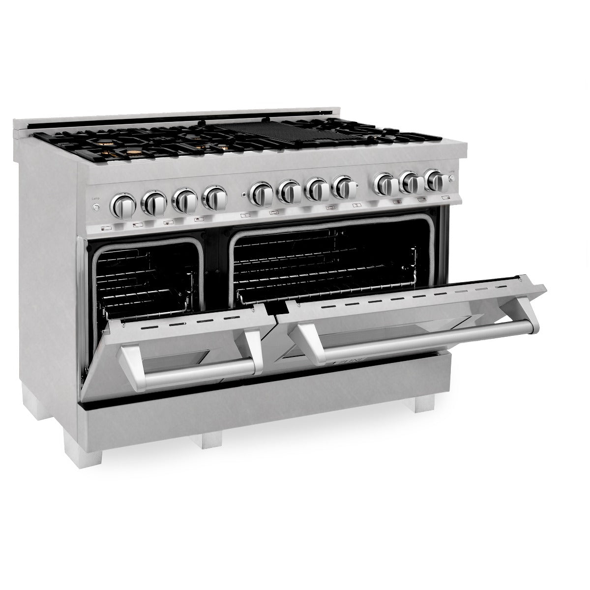 ZLINE 48 in Dual Fuel Range with 6 Sealed Brass Burners, Double Electric Convection Ovens, Satin Stainless Steel Door, 6.0 cu. ft. Total Capacity (RAS-SN-BR-48)