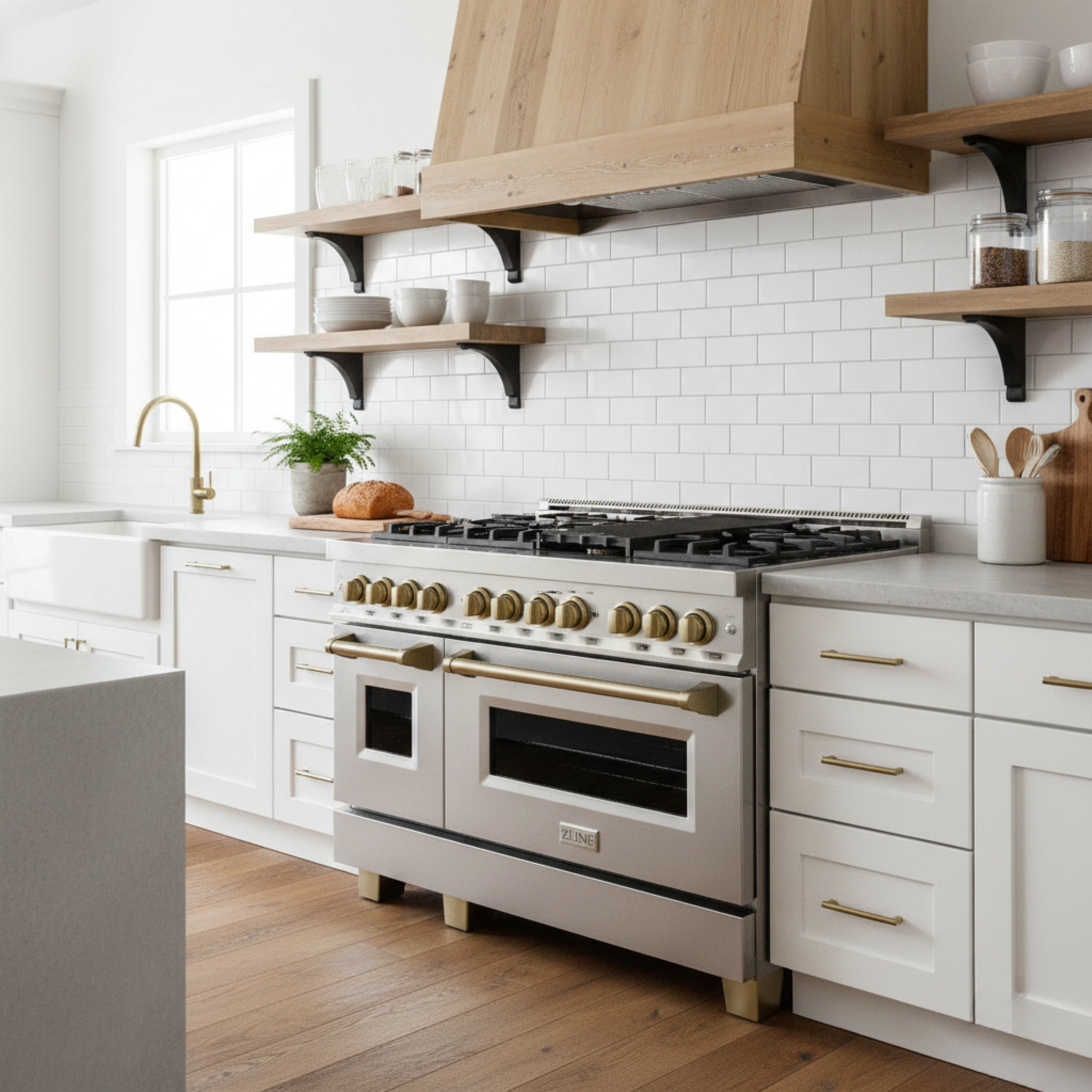 ZLINE Autograph Edition 48 in. Dual Fuel Range, 6.0 cu. ft. Oven, Stainless Steel with Champagne Bronze Accents (Model RAZ-48-CB)