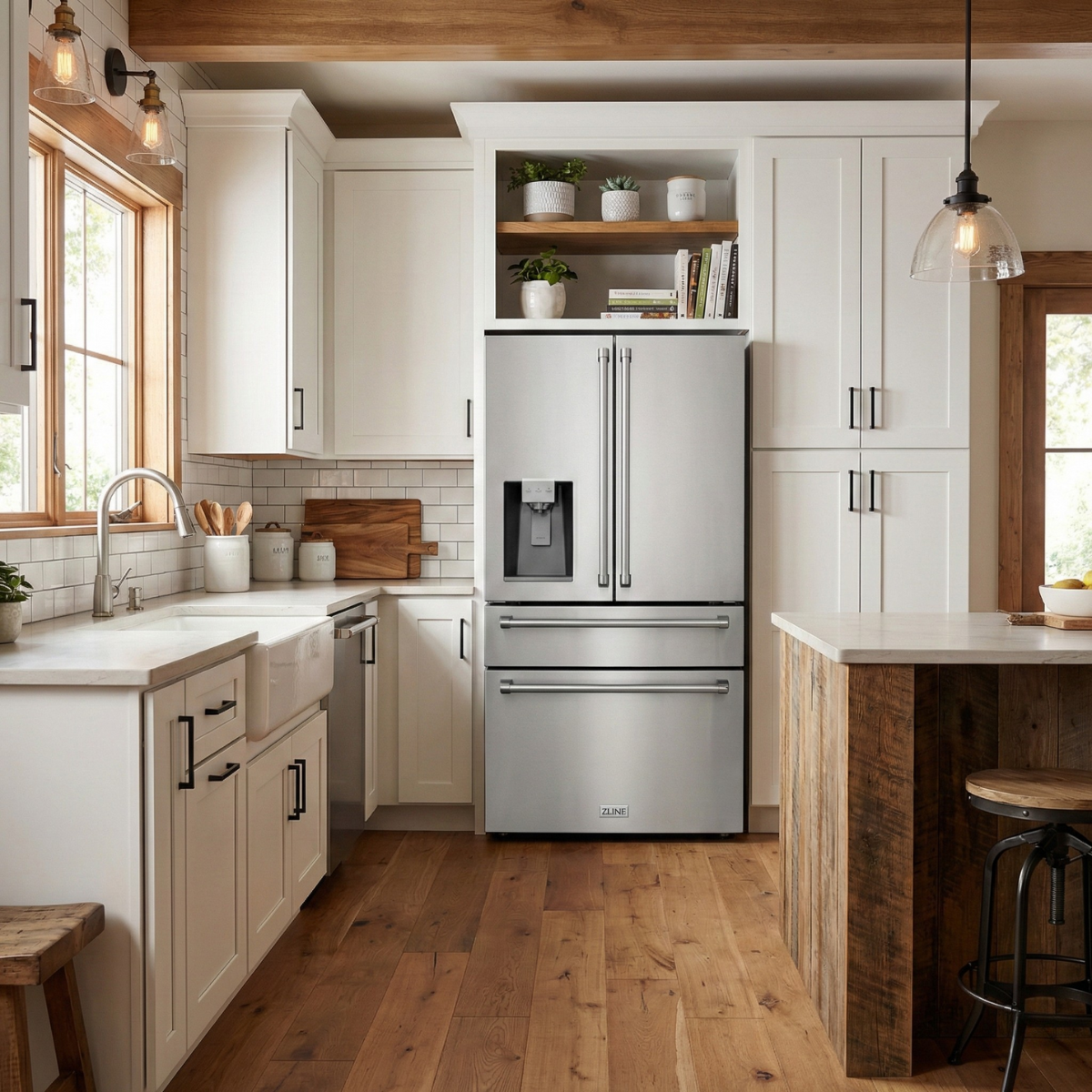 ZLINE 36 Inch French Door Refrigerator 21.6 cu. ft 4-Door Water & Ice Dispenser Fingerprint Resistant Stainless Steel (RFM-W-36)