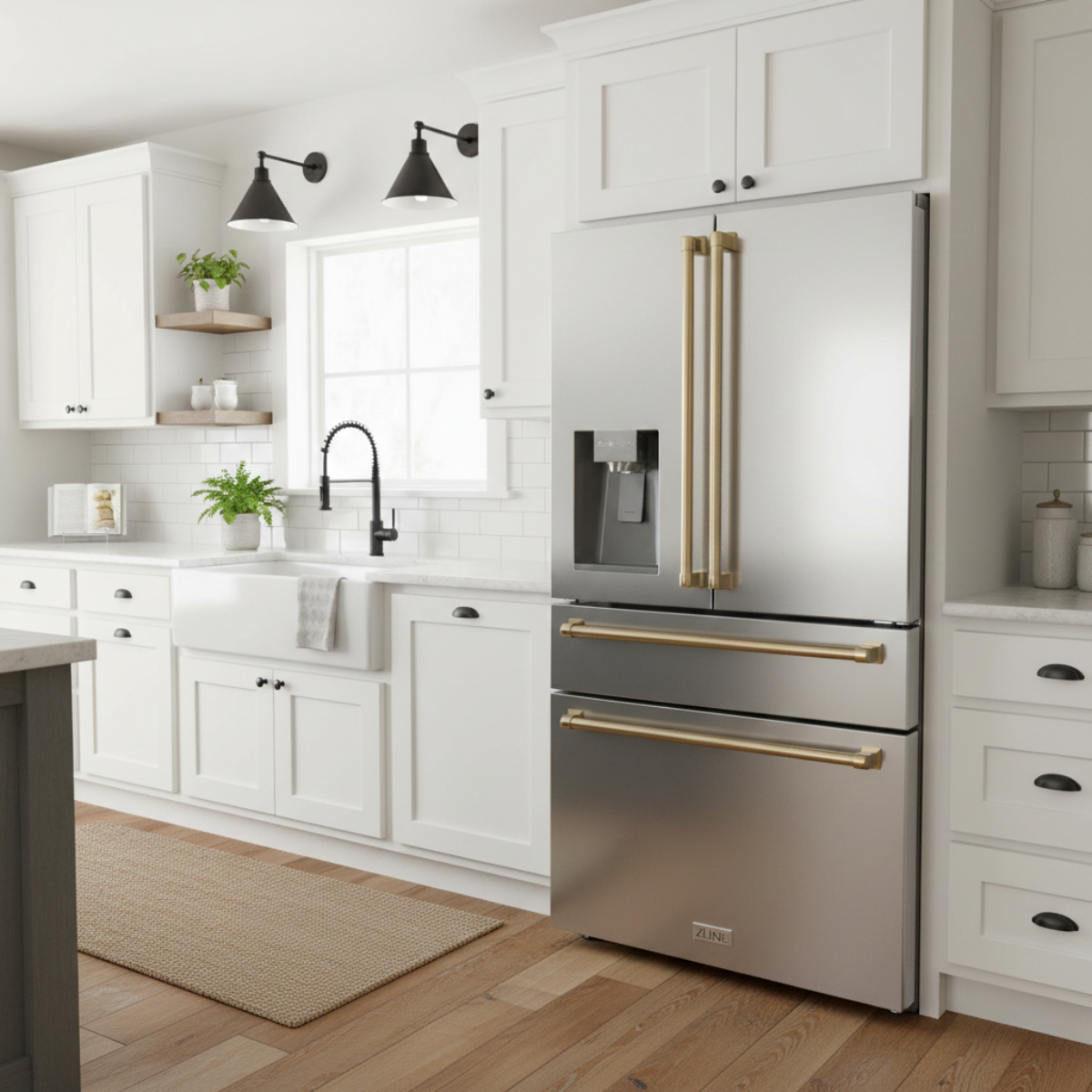 ZLINE 36 in. French Door Refrigerator 21.6 cu. ft. with Water & Ice Dispenser, Fingerprint Resistant Stainless Steel, Champagne Bronze Accents (RFMZ-W-36-CB)