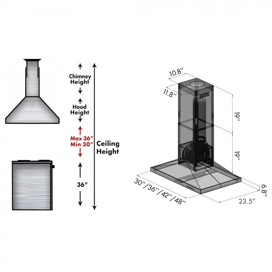 ZLINE 48 in Island Range Hood Black Stainless Steel Ceiling Mount Kitchen Ventilation (BSGL2iN-48)