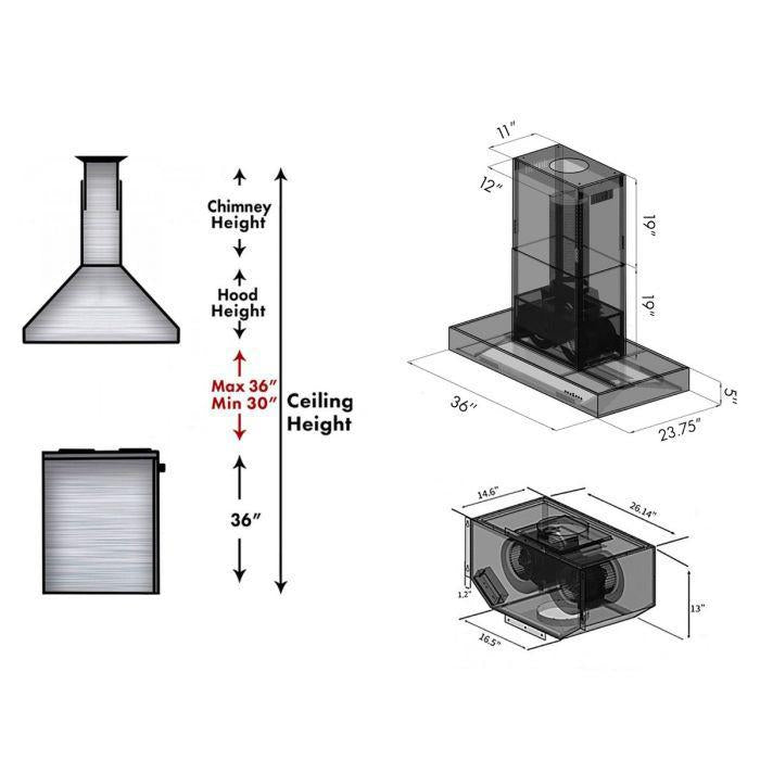 ZLINE 36 in Island Mount Range Hood 700 CFM Remote Blower Stainless Steel (KECOMi-RD-36)