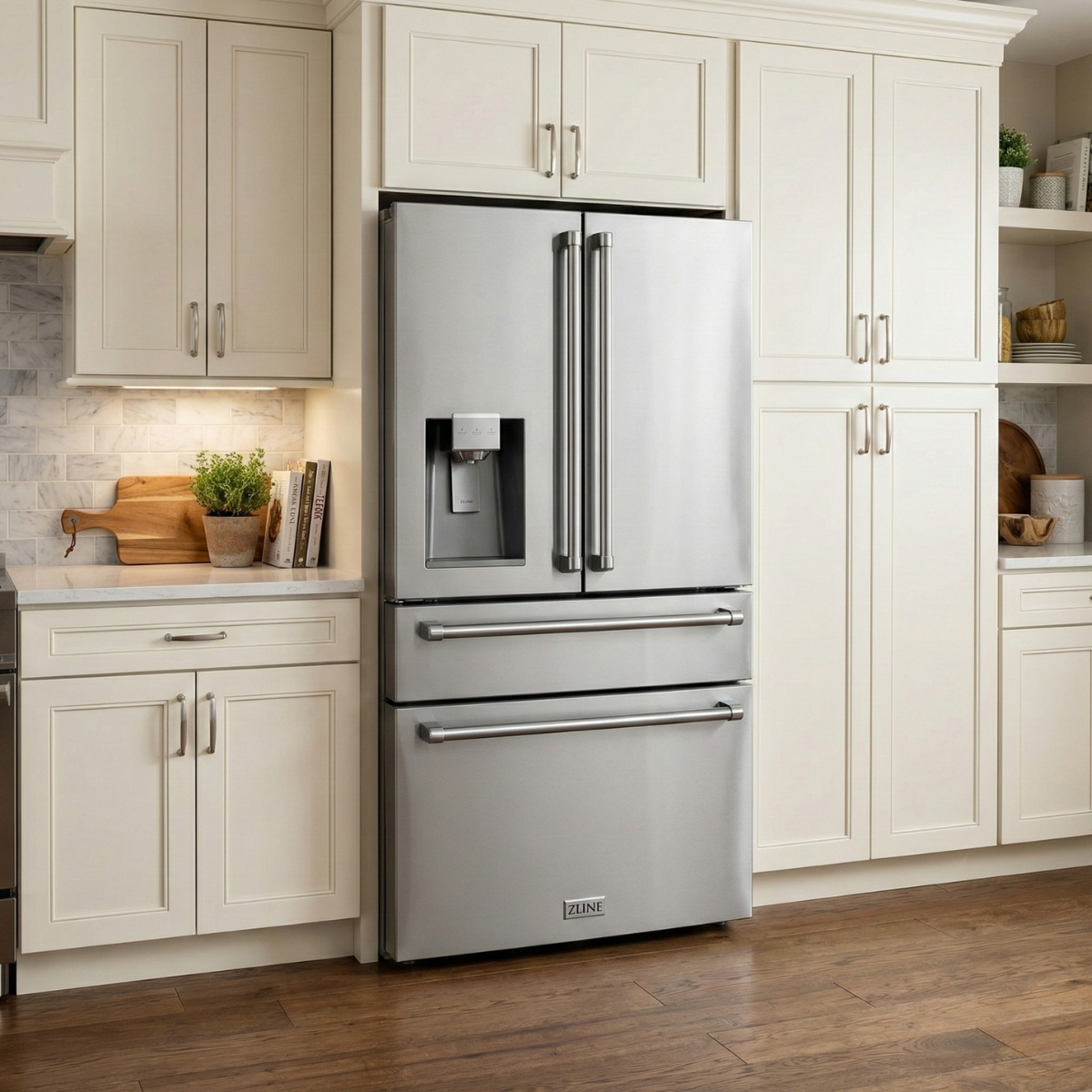 ZLINE 36 Inch French Door Refrigerator 21.6 cu. ft 4-Door Water & Ice Dispenser Fingerprint Resistant Stainless Steel (RFM-W-36)