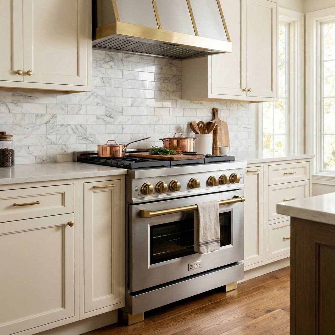 ZLINE Autograph Edition 36 in. 5.2 cu. ft. Paramount Dual Fuel Range with 6-Burner Gas Cooktop and Electric Convection Oven in Stainless Steel with Champagne Bronze Accents (SDRZ-36-CB)