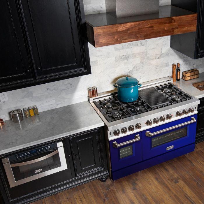 ZLINE 48 in. 6.0 cu. ft. Dual Fuel Range with 7 Gas Burners and Electric Convection Oven in Stainless Steel with Blue Gloss Door (RA-BG-48)
