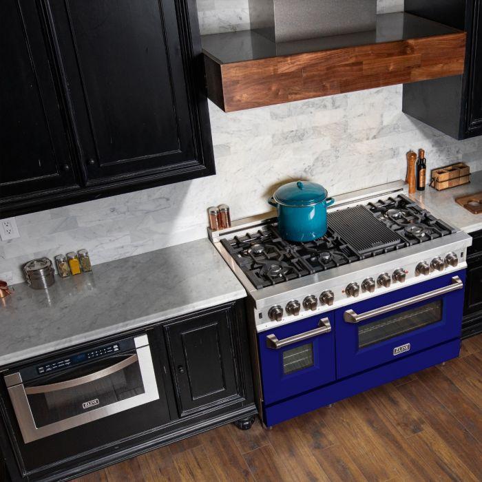 ZLINE 48 in. Dual Fuel Range with 7 Gas Burners and 6.0 cu. ft. Electric Convection Oven in Stainless Steel with Blue Matte Door (RA-BM-48)