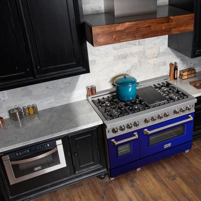ZLINE 48 in. 6.0 cu. ft. Legacy Dual Fuel Range with 7 Burner Gas Cooktop and Double Electric Ovens in Satin Stainless Steel with Blue Gloss Doors (RAS-BG-48)