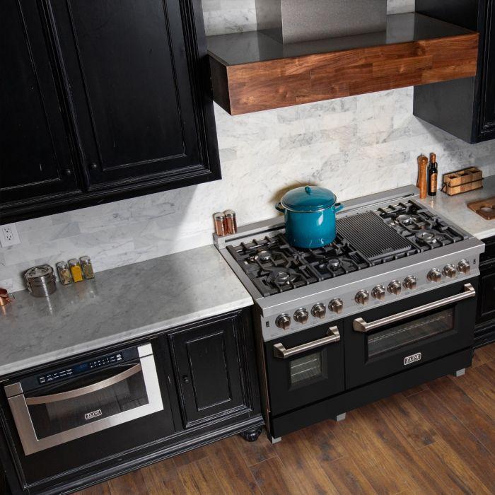 ZLINE 48 in. Legacy Dual Fuel Range with 7 Gas Burners and Double Electric Ovens, 6.0 cu. ft., Satin Stainless Steel with Black Matte Doors (RAS-BLM-48)