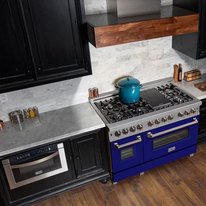 ZLINE 48 in. 6.0 cu. ft. Legacy Dual Fuel Range with 7 Burner Gas Cooktop and Double Electric Ovens in Satin Stainless Steel with Blue Matte Doors (RAS-BM-48)