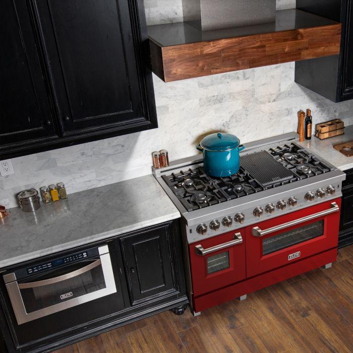 ZLINE 48 in. Legacy Dual Fuel Range, 6.0 cu. ft., 7 Burner Gas Cooktop, Double Electric Ovens, Satin Stainless Steel with Red Gloss Doors (RAS-RG-48)