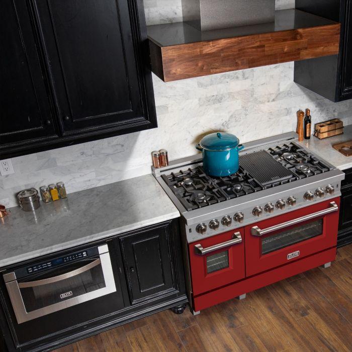 ZLINE 48 in. Legacy Dual Fuel Range, 6.0 cu. ft., 7 Burner Gas Cooktop, Double Electric Ovens, Satin Stainless Steel with Red Matte Doors (RAS-RM-48)