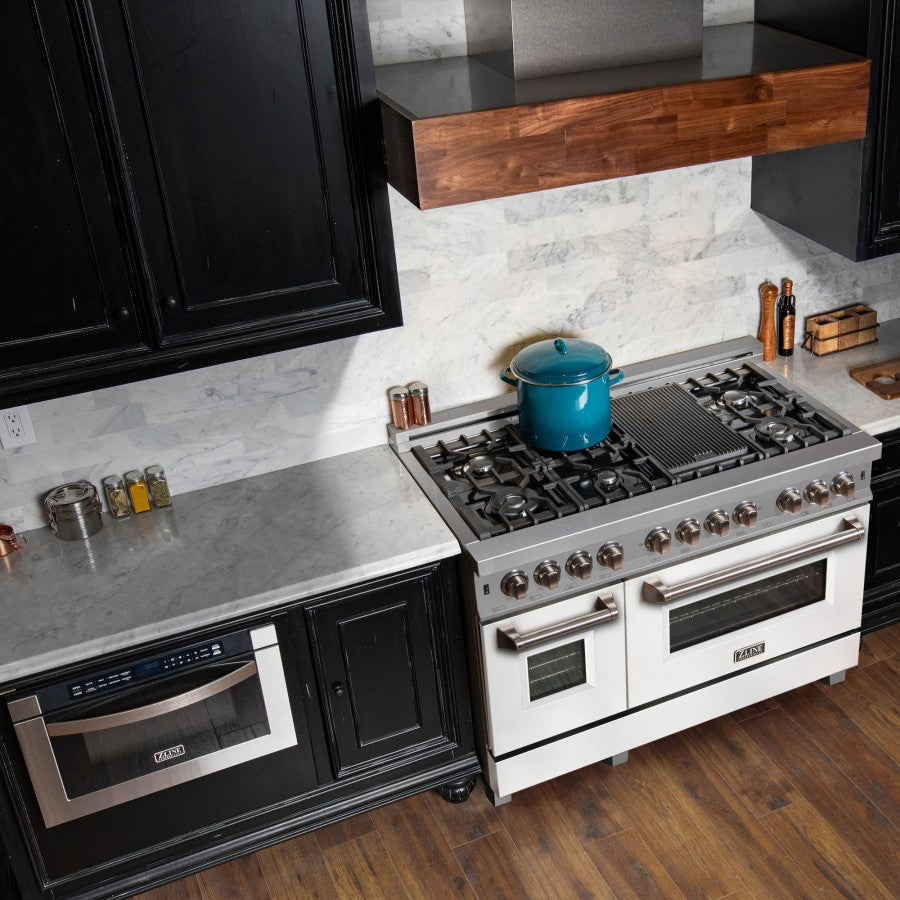 ZLINE 48 in. Legacy Dual Fuel Range, 7-Burner Gas Cooktop, 2 Electric Ovens, 6.0 cu. ft., Satin Stainless Steel with White Matte Doors (RAS-WM-48)