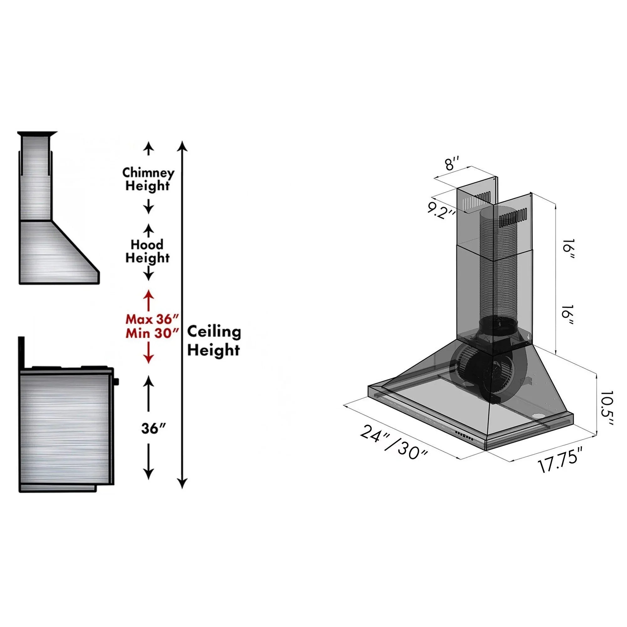 ZLINE 30 Inch Wall Mount Range Hood Convertible Vent Black Stainless Steel 4-Speed LED Lighting (BSKBN-30)