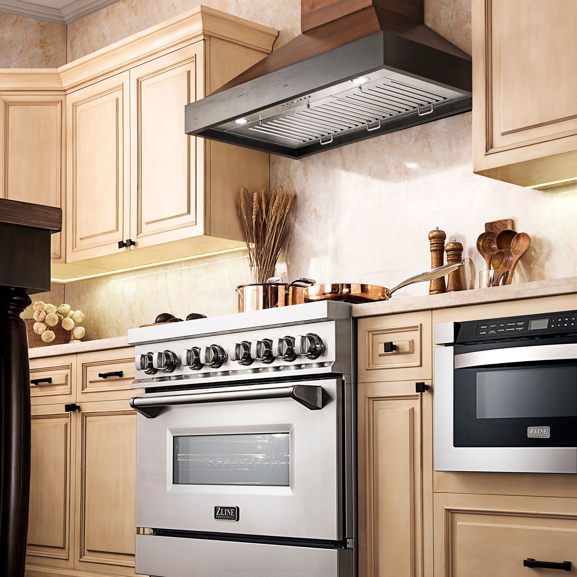 ZLINE 30 Inch Wooden Wall Mount Range Hood Antigua Walnut Finish Designer Series KBAR-30